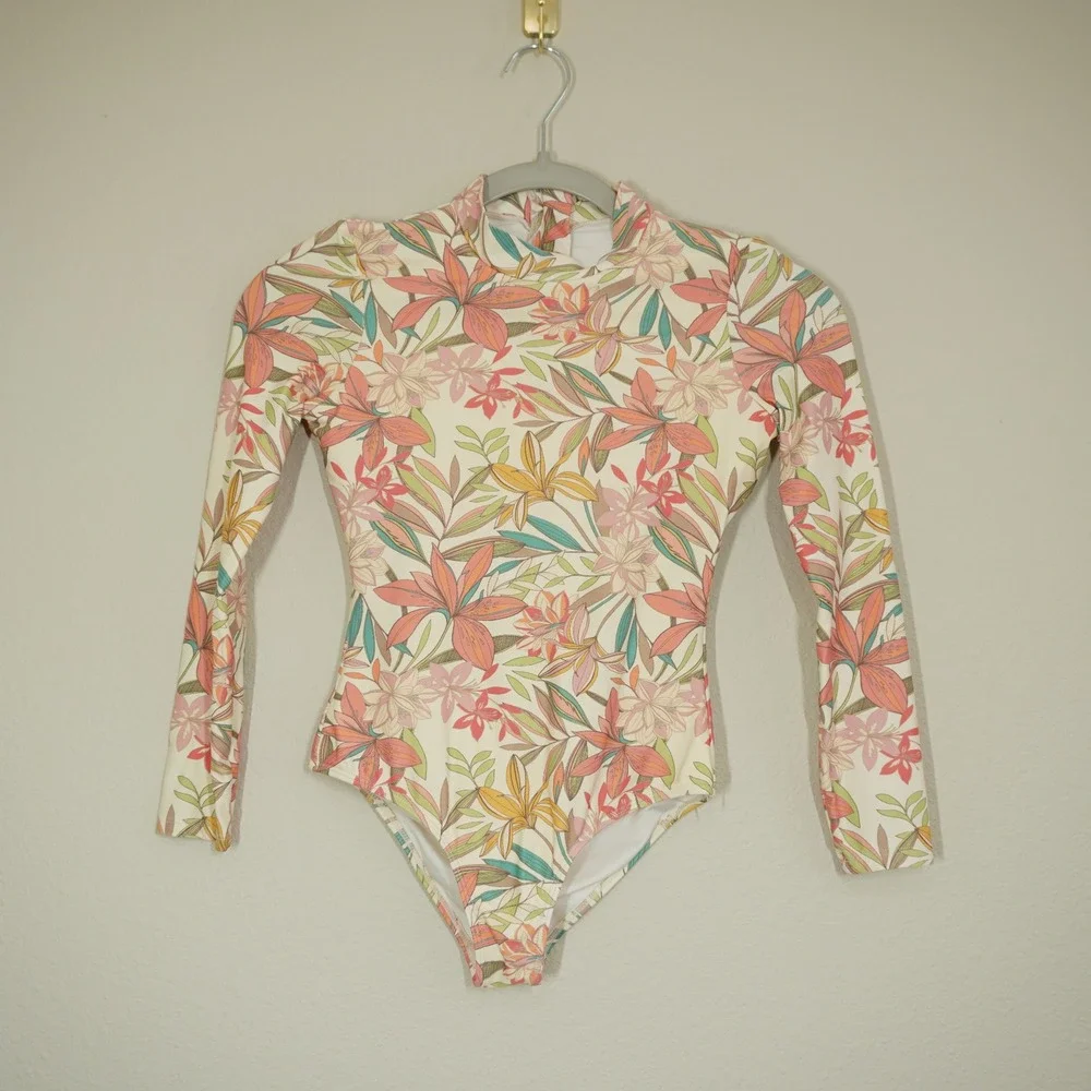 O'Neill Kids Size S/M Tropical Floral Long Sleeve One Piece Rash Guard Swimsuit